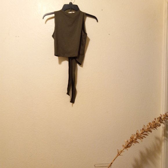 NWT Olive Green Cropped Jersey Wrap Top Y2K 90s One Size - Picture 6 of 12